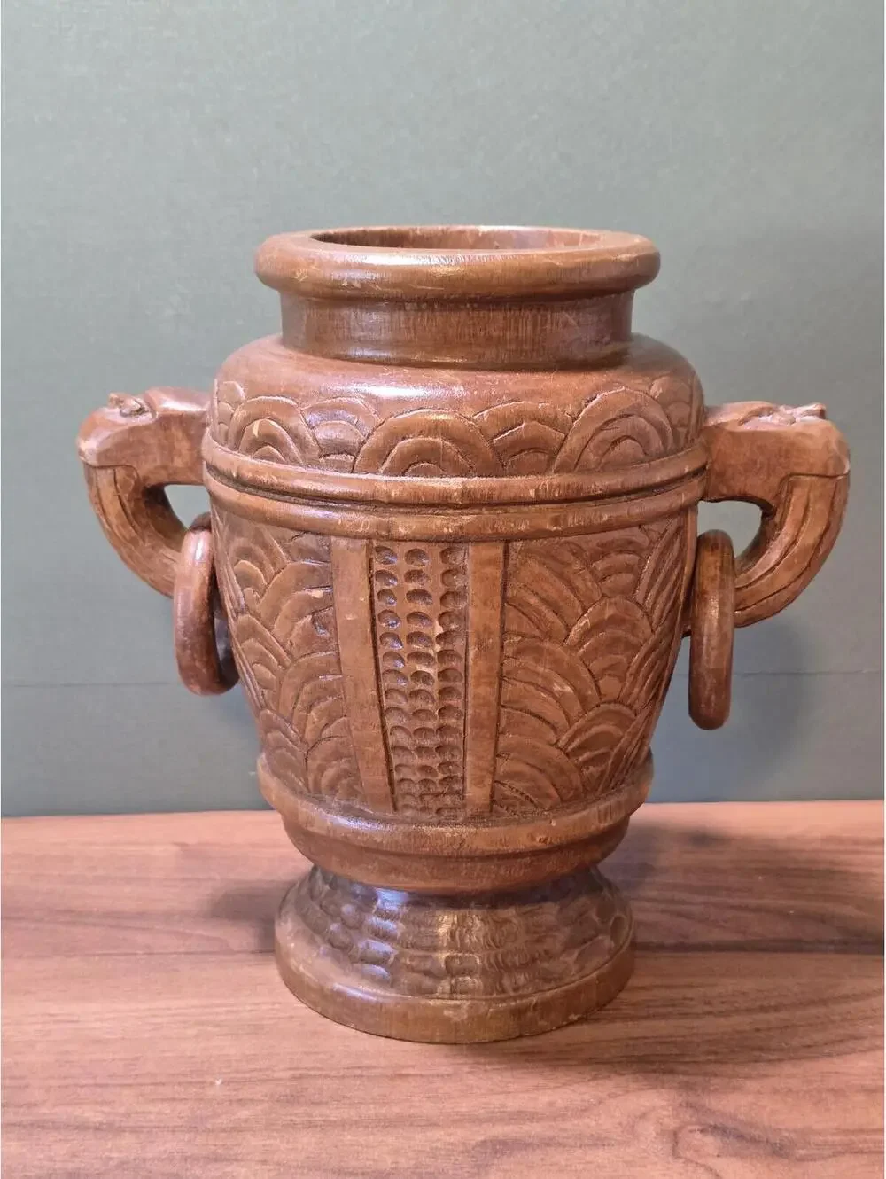 Vintage Hand Carved Wood Amphora Vase with Rings